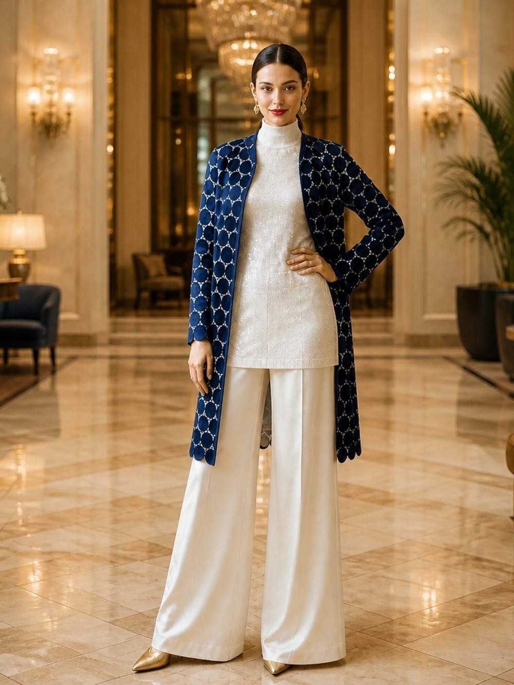 Elegant, Navy, Circle-Patterned, Long Evening Coat